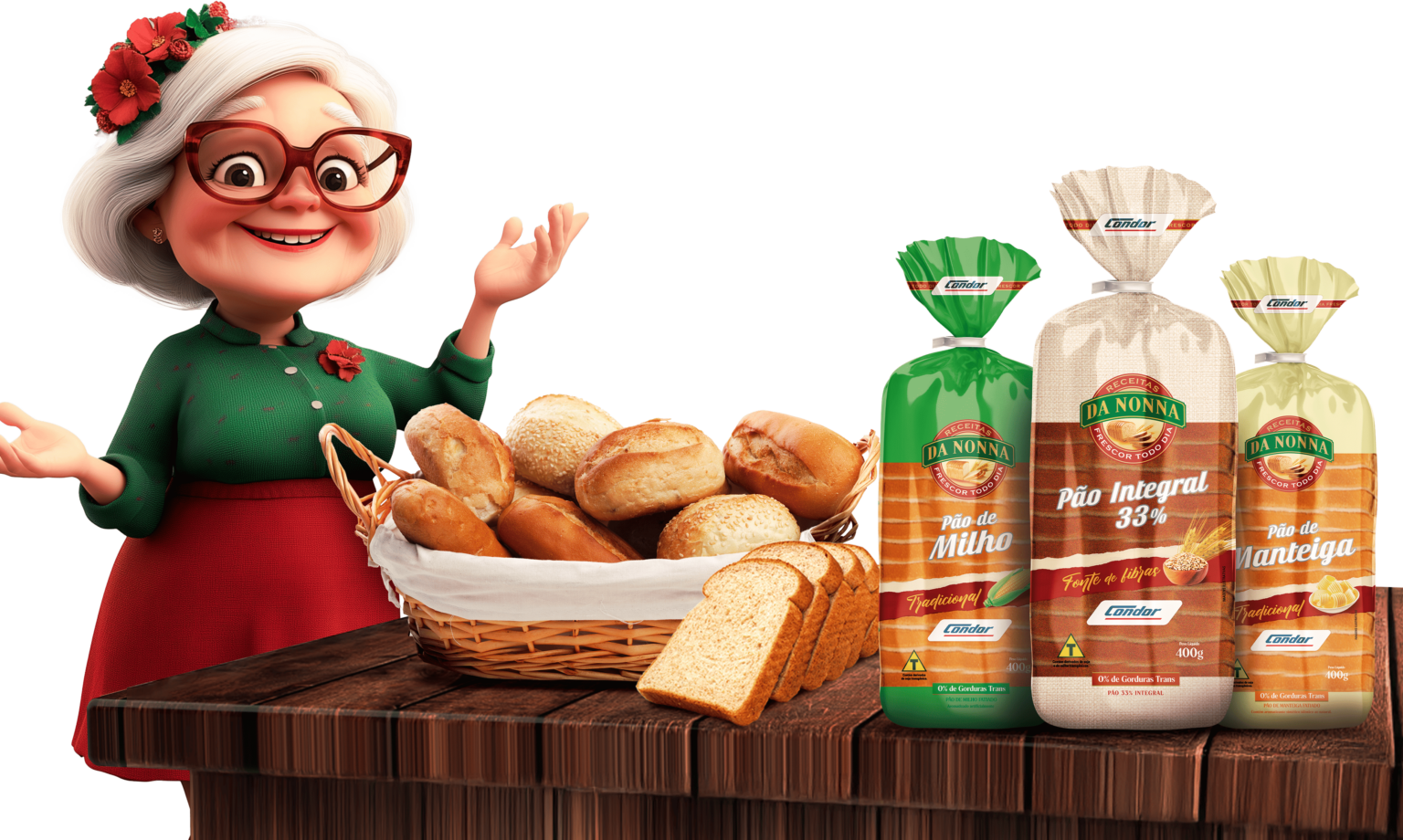 Nonna com cesta de pães e produtos Receitas da Nonna